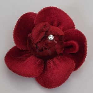 Vintage Red Velour Fabric and Rhinestone Flower Rose Brooch